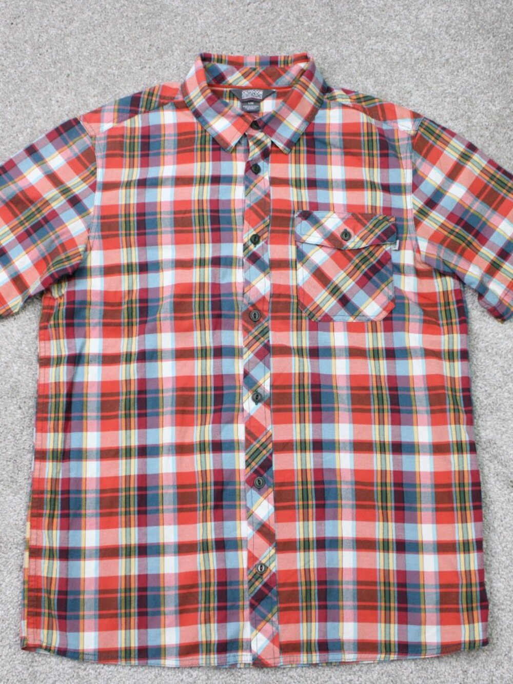 Outdoor Research Shirt Men Large Orange/Green Plaid Pale Ale Short Sleeve Casual